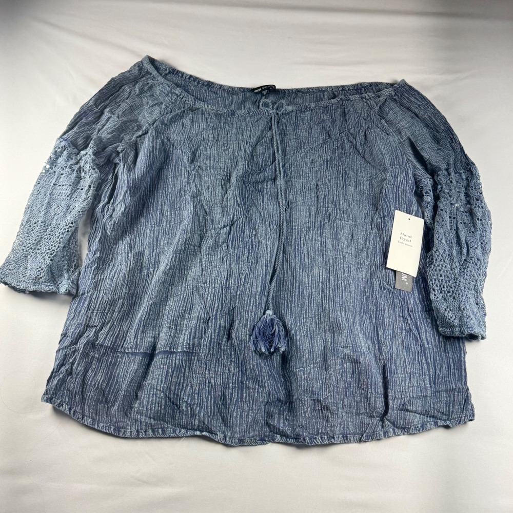 Unique Spectrum Blue Hand Dyed Crinkle Blouse Crochet Lace Sleeve Tassel Top 2X
